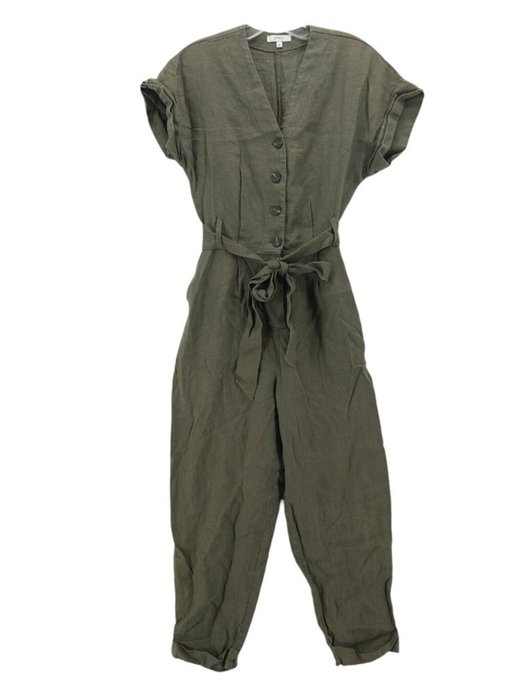 POETRY Jumpsuit 100% Linen Olive Green Short Sleeve Belted Size UK 8 - US 4